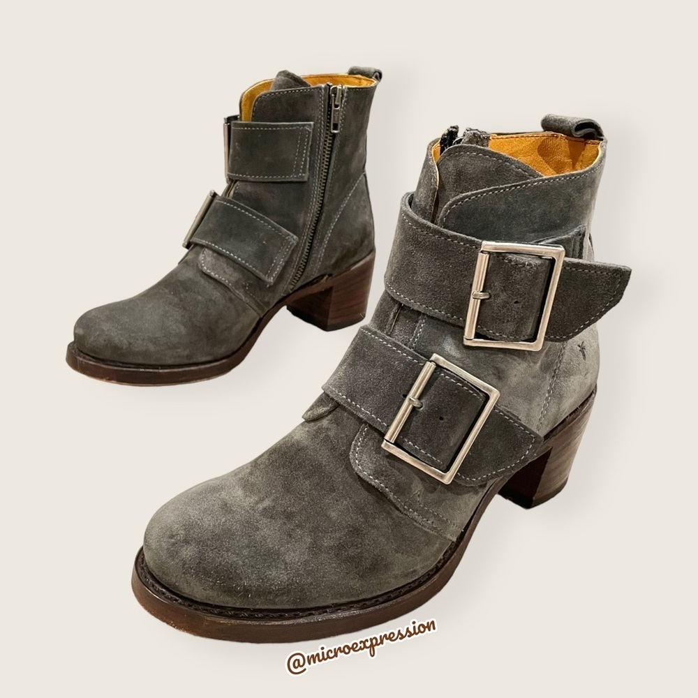 $399 Frye Sabrina Double Buckle Academia Grey Suede Leather Block Heel AnkleBoot - Picture 10 of 16